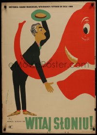 3b1368 HELLO ELEPHANT Polish 24x35 1954 Lipinski art of Vittorio De Sica greeting elephant!, rare!