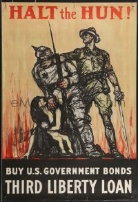 3b1289 HALT THE HUN 20x30 WWI war poster 1918 striking Raleigh art of U.S. soldier saving woman!