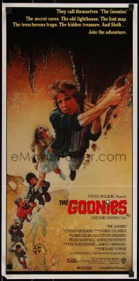 3d0432 GOONIES Aust daybill 1985 cool Drew Struzan art of top cast hanging from stalactite!