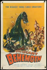 3d0547 GIANT BEHEMOTH 1sh 1959 cool art of massive brontosaurus dinosaur monster smashing city!