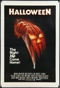 3d0148 HALLOWEEN linen 1sh 1978 John Carpenter classic, great Bob Gleason art with green ratings box!