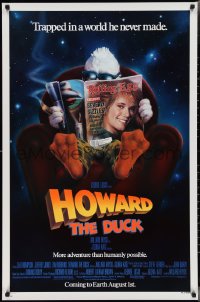 3d1367 HOWARD THE DUCK advance 1sh 1986 George Lucas, art of him reading magazine w/Lea Thompson!