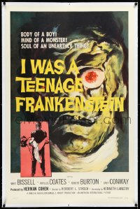 3d0157 I WAS A TEENAGE FRANKENSTEIN linen 1sh 1957 great art of the monster + holding sexy girl!