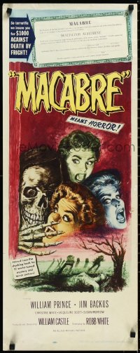 3d1871 MACABRE insert 1958 William Castle, cool artwork of skeleton & screaming girls in graveyard!