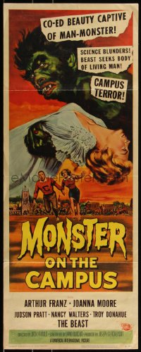 3d1877 MONSTER ON THE CAMPUS insert 1958 science blunders, beast seeks body of living man!