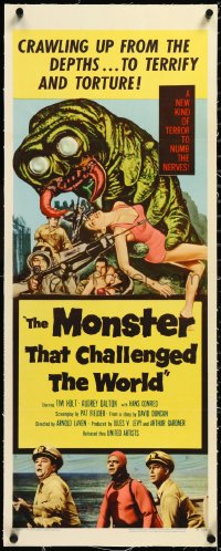 3d0251 MONSTER THAT CHALLENGED THE WORLD linen insert 1957 great artwork of creature & victim, rare!