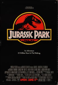 3d1379 JURASSIC PARK advance DS 1sh 1993 Steven Spielberg, classic logo with T-Rex over red background