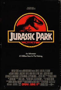 3d1380 JURASSIC PARK advance 1sh 1993 Steven Spielberg, classic logo with T-Rex over red background