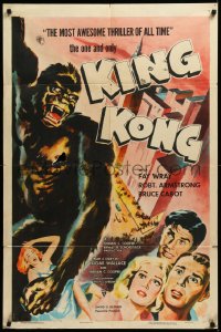 3d0581 KING KONG 1sh R1956 great full-color art of the giant ape carrying Fay Wray over city!