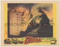 3d0958 GODZILLA LC #2 1956 cool image of Gojira breathing fire on building, rubbery monster classic!