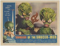 3d0807 INVASION OF THE SAUCER MEN LC #1 1957 close up of cabbage head aliens holding wacky tool!