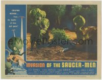 3d0809 INVASION OF THE SAUCER MEN LC #3 1957 cabbage head aliens surround unconscious man on ground!