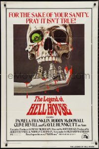 3d0587 LEGEND OF HELL HOUSE 1sh 1973 B.T. art of skull & haunted house dripping with blood!