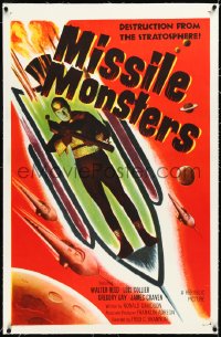 3d0165 MISSILE MONSTERS linen 1sh 1958 aliens bring destruction from the stratosphere, wacky art!