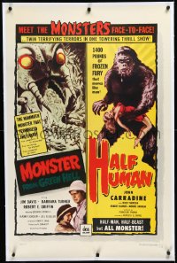 3d0168 MONSTER FROM GREEN HELL/HALF HUMAN linen 1sh 1957 twin terrifying terrors in 1 thrill show!