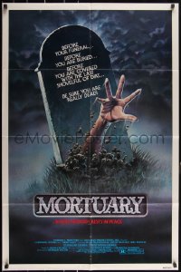 3d0607 MORTUARY 1sh 1983 Satanic cult, cool artwork of hand reaching up from grave!