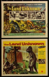 3d1100 LAND UNKNOWN 8 LCs 1957 a paradise of hidden terrors, cool TC art of dinosaurs by Ken Sawyer!