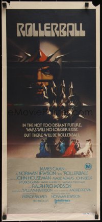 3f0575 ROLLERBALL Aust daybill 1975 James Caan in a future where war does not exist, Bob Peak art!