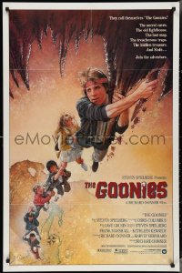 3f0991 GOONIES int'l 1sh 1985 wonderful Drew Struzan art of top cast hanging from stalactite!