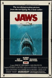 3f1019 JAWS 1sh 1975 art of Spielberg's classic man-eating shark attacking naked swimmer!