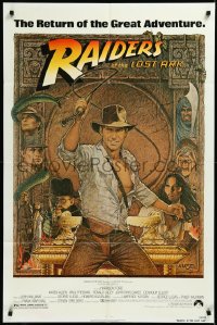 3f1093 RAIDERS OF THE LOST ARK 1sh R1982 great Richard Amsel art of adventurer Harrison Ford!