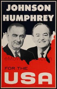 3f0437 JOHNSON HUMPHREY FOR THE USA 13x21 political campaign 1964 the candidates over U.S. map!