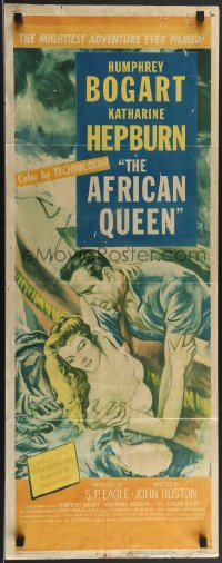 3g0591 AFRICAN QUEEN insert 1952 wonderful artwork of Humphrey Bogart rescuing Katharine Hepburn!