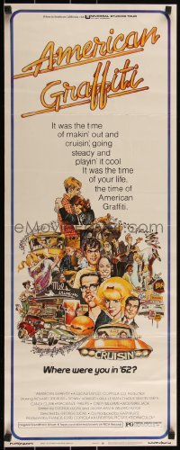 3g0593 AMERICAN GRAFFITI insert 1973 George Lucas teen classic, wacky Mort Drucker artwork of cast!