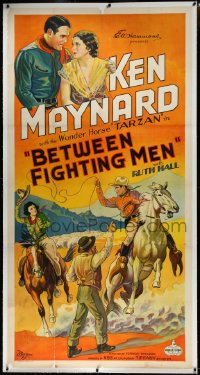 3j0406 BETWEEN FIGHTING MEN linen 3sh 1932 great art of cowboy Ken Maynard & Ruth Hall, ultra rare!