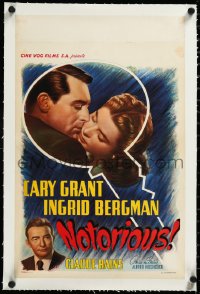 3j0548 NOTORIOUS linen Belgian R1950s art of Cary Grant & Ingrid Bergman, Alfred Hitchcock classic!