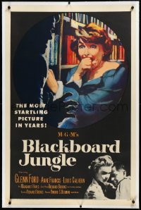 3j0884 BLACKBOARD JUNGLE linen 1sh 1955 Richard Brooks classic, art of terrified Margaret Hayes!