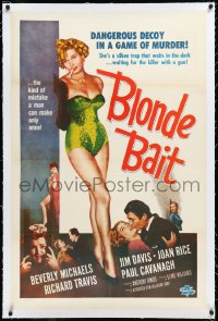 3j0888 BLONDE BAIT linen 1sh R1950s sexy smoking bad girl Beverly Michaels is a silken trap!