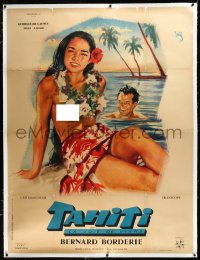 3j0485 TAHITI linen French 1p 1957 Geleng art of sexy topless South Seas beauty on beach, rare!