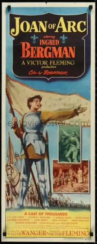 3j0082 JOAN OF ARC insert 1948 Ingrid Bergman full-length holding banner & burned at the stake!