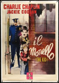 3j0456 KID linen Italian 1p R1950s great art of Charlie Chaplin & Jackie Coogan chased by cop, rare!