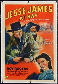 3j1018 JESSE JAMES AT BAY linen 1sh 1941 art of Roy Rogers w/ smoking gun, Gabby Hayes & Sally Payne!