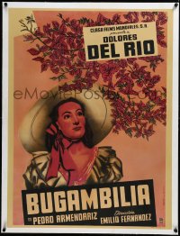 3j0646 BUGAMBILIA linen Mexican poster R1950s Aguirre Tinoco art of pretty Dolores Del Rio, rare!