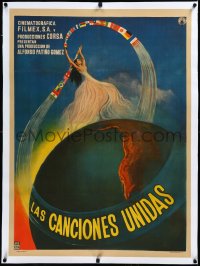 3j0647 LAS CANCIONES UNIDAS linen Mexican poster 1960 world united by song, girl w/ ribbon of flags!