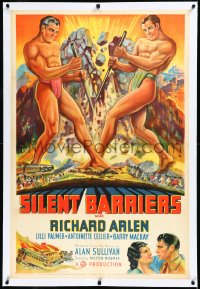 3j1120 SILENT BARRIERS linen style B 1sh 1937 Kulz art of two beefcake giants tearing apart mountain!