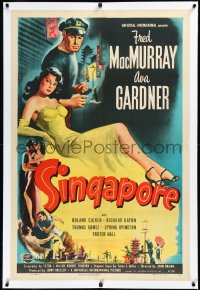 3j1121 SINGAPORE linen 1sh 1947 art of sexy full-length Ava Gardner + seaman Fred MacMurray with gun!