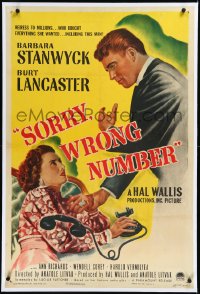 3j1122 SORRY WRONG NUMBER linen 1sh 1948 art of Burt Lancaster about to backhand Barbara Stanwyck!