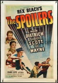 3j1124 SPOILERS linen 1sh 1942 Marlene Dietrich, John Wayne, Randolph Scott, Rex Beach, very rare!