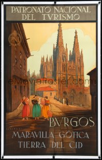 3j0763 BURGOS linen 25x40 Spanish travel poster 1930 Jose Loygorri art of women & cathedral, rare!