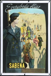 3j0770 SABENA BELGIAN AIRLINES linen 26x40 Belgian travel poster 1950 art of travelers boarding plane!