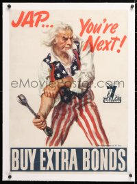 3j0826 BUY EXTRA BONDS linen 20x28 WWII war poster 1945 great Flagg angry Uncle Sam art, ultra rare!