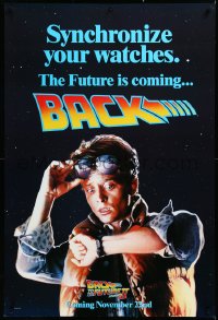 3m0756 BACK TO THE FUTURE II teaser 1sh 1989 Michael J. Fox as Marty, synchronize your watches!