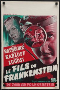 3m0296 SON OF FRANKENSTEIN Belgian R1950s art of monster Boris Karloff, Bela Lugosi & Rathbone!