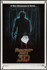 3m0825 FRIDAY THE 13th PART 3 - 3D 1sh 1982 slasher sequel, art of Jason stabbing through shower!