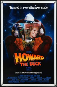 3m0858 HOWARD THE DUCK 1sh 1986 George Lucas, art of him reading magazine w/Lea Thompson on it!