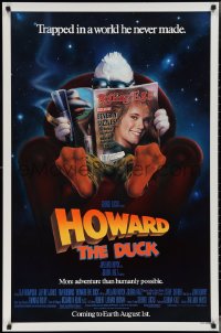 3m0857 HOWARD THE DUCK advance 1sh 1986 George Lucas, art of him reading magazine w/Lea Thompson!